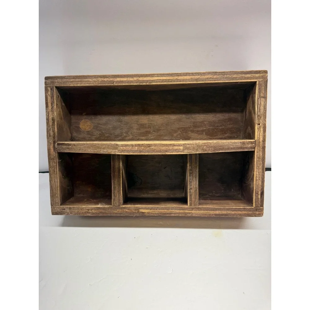 Primitive Stained Wood Caddy 4 Compartment Tool Box Garden Organizer Tote